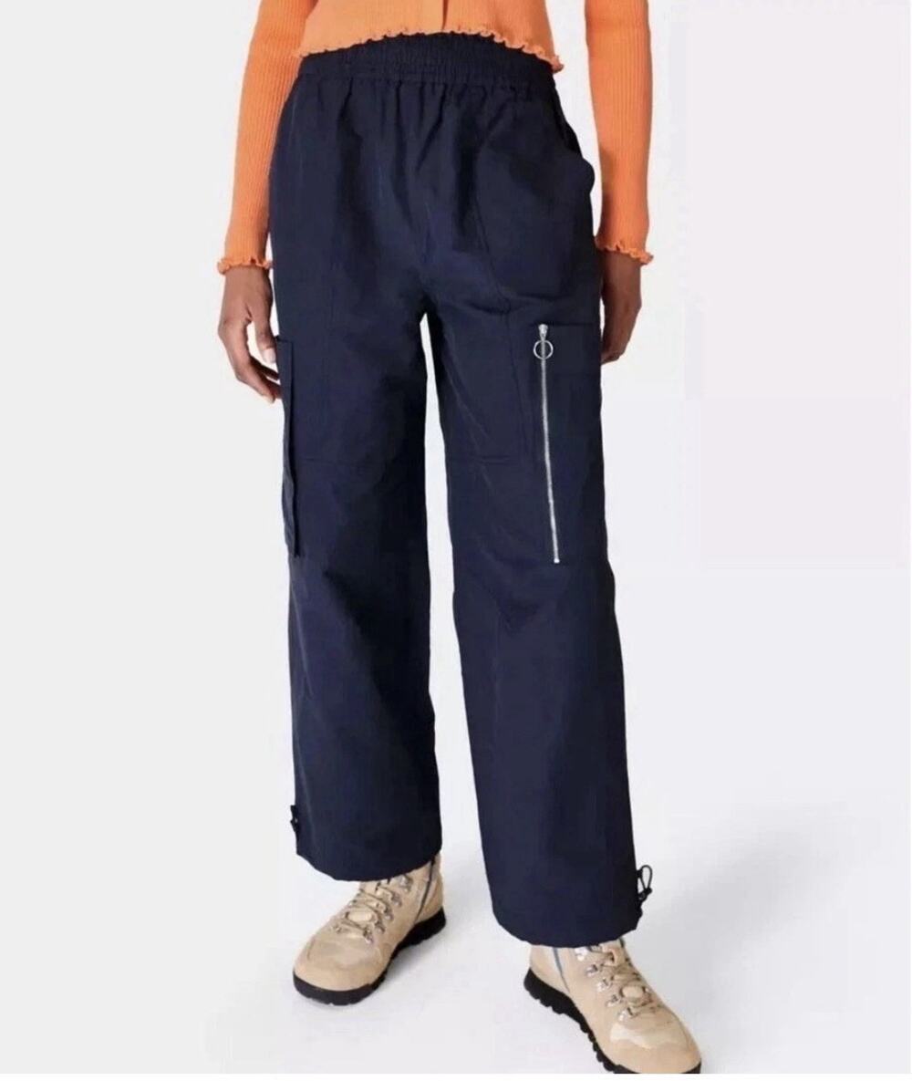 Sweaty Betty Utility Trousers Womens Small Navy Wide Leg Cargo Zip Pocket Pants